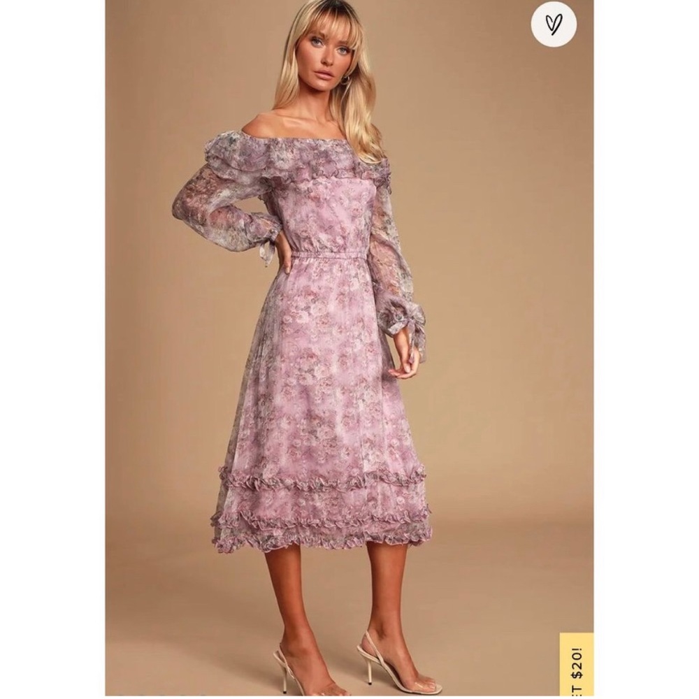Lulu’s XS Fairy Tale Fleur Lavender Floral Print Off-the-Shoulder Midi Dress